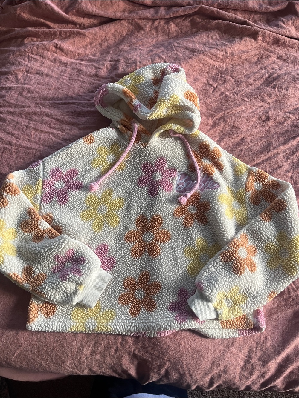 Barbie Cream Sherpa Hoodie with Pink, Yellow & Orange Floral Print